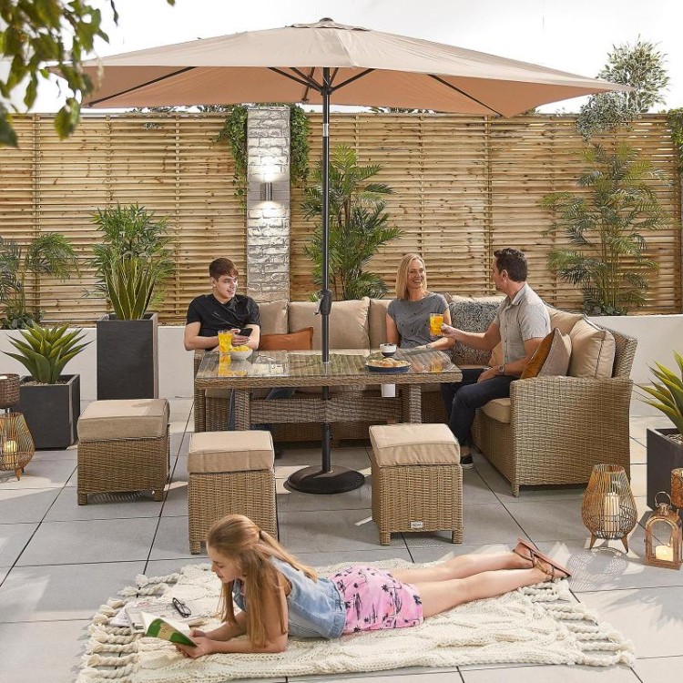 Nova Garden Furniture Ciara Willow Rattan Right Hand Corner Dining Set with Parasol Hole Table Oak Furniture House